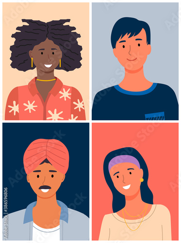 International people avatars, mix races young guys and girls, diverse nations, ethnicity, pretty afro-american woman, smiling guy, adult man with mustache in turban, cute young girl with accessories