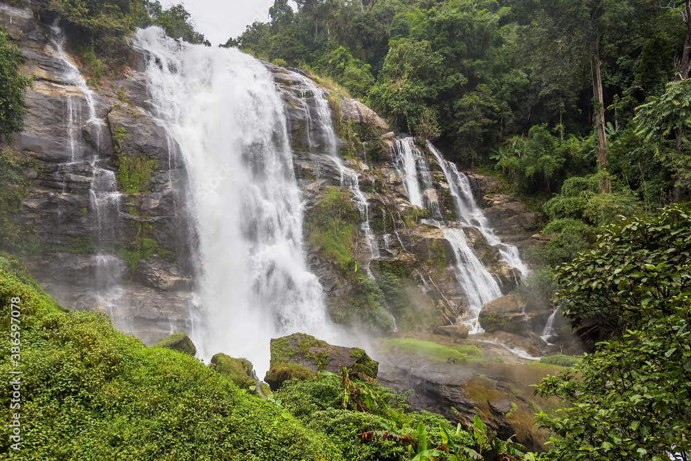 Fototapeta Wachirathan Waterfall at Doi Inthanon National Park, Mae Chaem District, Chiang Mai Province, Thailand.