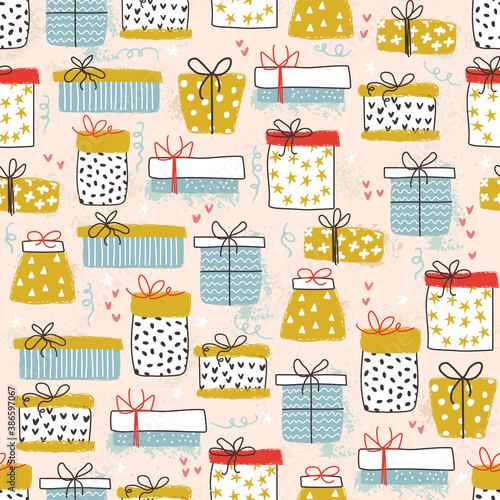 Gift boxes seamless vector pattern in doodle and scandinavian style. Bright design of gift boxes for wrapping paper, postcards, websites, fabrics.