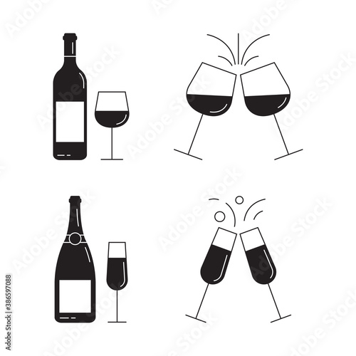 Wine and Champagne bottles with glasses icon set. Cheers sign. Vector illustration.