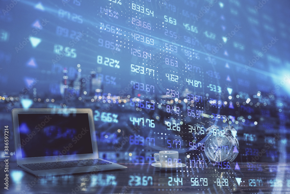Fototapeta premium Financial market graph hologram and personal computer on background. Multi exposure. Concept of forex.