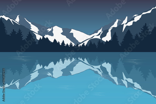 blue snowy mountain landscape by the lake winter background vector illustration EPS10