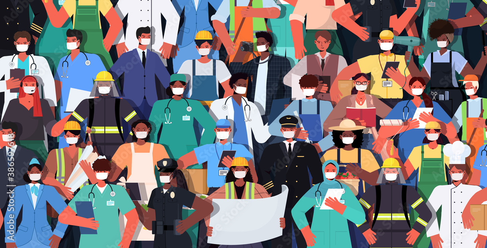 mix race people of different occupations standing together labor day celebration concept men women wearing masks to prevent coronavirus horizontal vector illustration