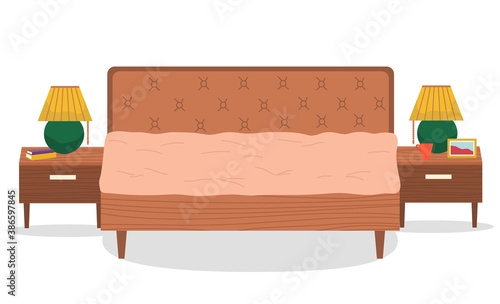 King size wooden bed with carriage coupler headboard. Sleeping area. Bedroom set. The marital bed. Bedside table with a yellow floor lamp, books, cup, photo frame. Colorful vector image in flat style