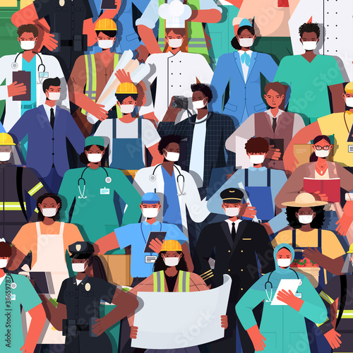 mix race people of different occupations standing together labor day celebration concept men women wearing masks to prevent coronavirus vector illustration