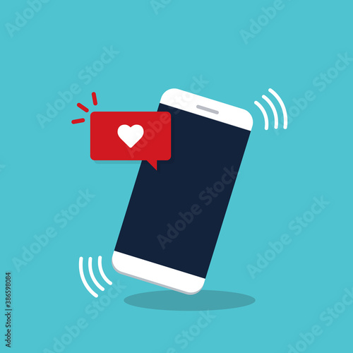 Vector illustration smartphone with like emoji speech bubble get message on screen. Social network and mobile device concept. Flat design for print, websites, web banner.
