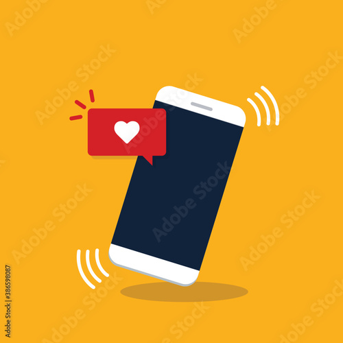Vector illustration smartphone with like emoji speech bubble get message on screen. Social network and mobile device concept. Flat design for print, websites, web banner.