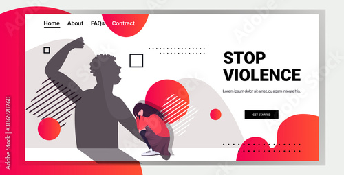 shadow of furious angry man raised punishment fist over scared or terrified woman stop family violence and aggression concept horizontal portrait copy space vector illustration
