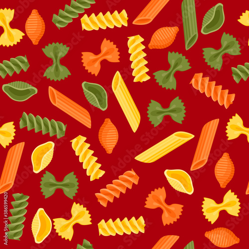 Seamless composition of many kinds of tricolor pasta. Vector illustration cartoon flat icon isolated on color background. Template element for packaging design.