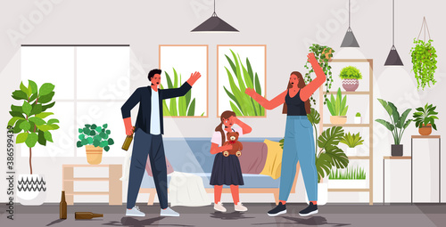 little crying girl listening parents shouting and quarrelling violence in family concept living room interior horizontal full length vector illustration