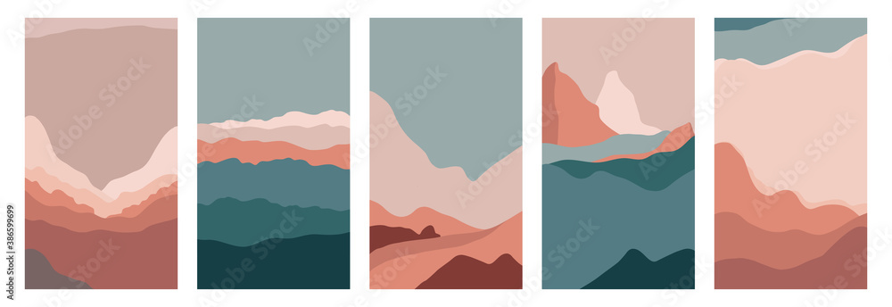 Vector set of abstract creative backgrounds in minimal trendy style with copy space for text  and mountain landscape - design templates for social media stories 