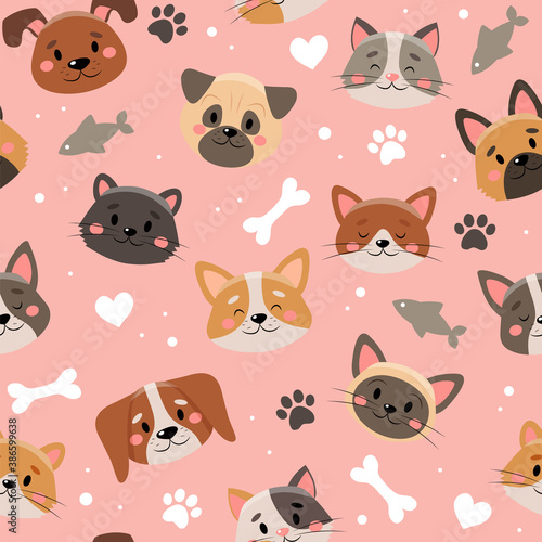 Cute pets pattern, different cats and dogs