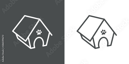 Concepto cuidado de mascotas. Icono plano lineal casa de mascota en perspectiva con huella de pisada en fondo gris y fondo blanco