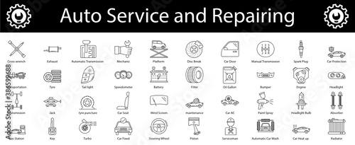 Car service thin line icons set, Auto Repair Shop vector, Lorry Spare Parts Design Set, Basic automotive symbol on white background, Vehicle repair garage  and Service Graphic