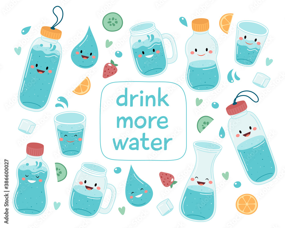 Drink more water. Cute bottles and glasses collection with lettering