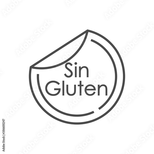 Logotipo lineal con texto Sin Gluten en español en pegatina circular doblada en color gris