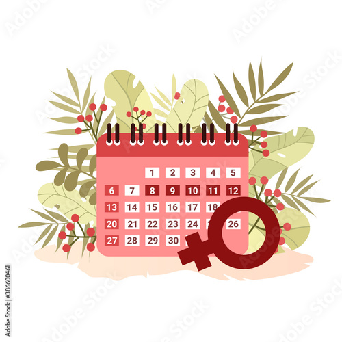 Menstrual Calendar on Leaves Background in Flat Style. Women of period. Cycle control. Vector stock illustration.
