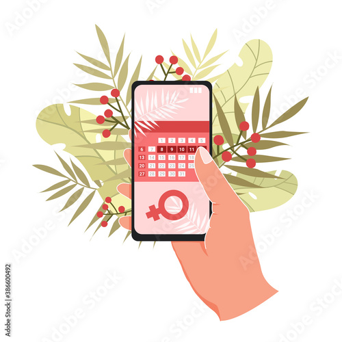 Menstrual Calendar On The Phone In Hand. Vector stock illustration.