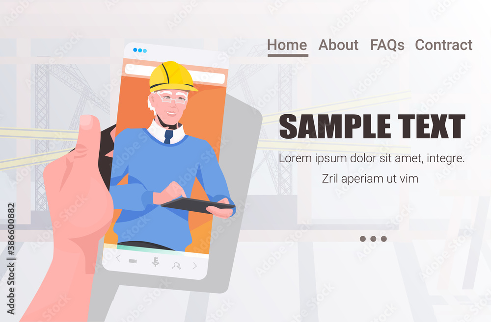 male engineer on smartphone screen discussing during video call self isolation online communication concept construction site master in helmet horizontal copy space portrait vector illustration - obrazy, fototapety, plakaty 