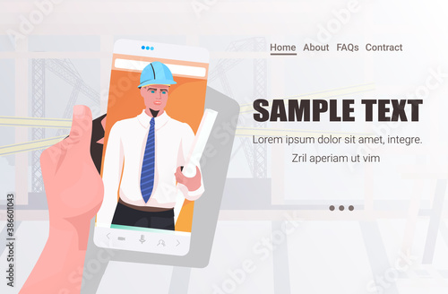 male engineer on smartphone screen discussing during video call self isolation online communication concept construction site master in helmet horizontal copy space portrait vector illustration