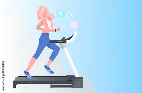 woman running on treadmill fitness cardio training workout healthy lifestyle concept full length horizontal vector illustration