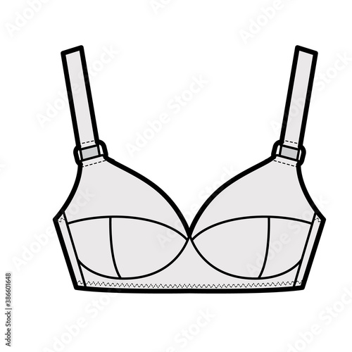 Maternity Bra lingerie technical fashion illustration with wide adjustable shoulder straps, molded cups, hook-and-eye closure. Flat template front, grey color style. Women unisex underwear CAD mockup