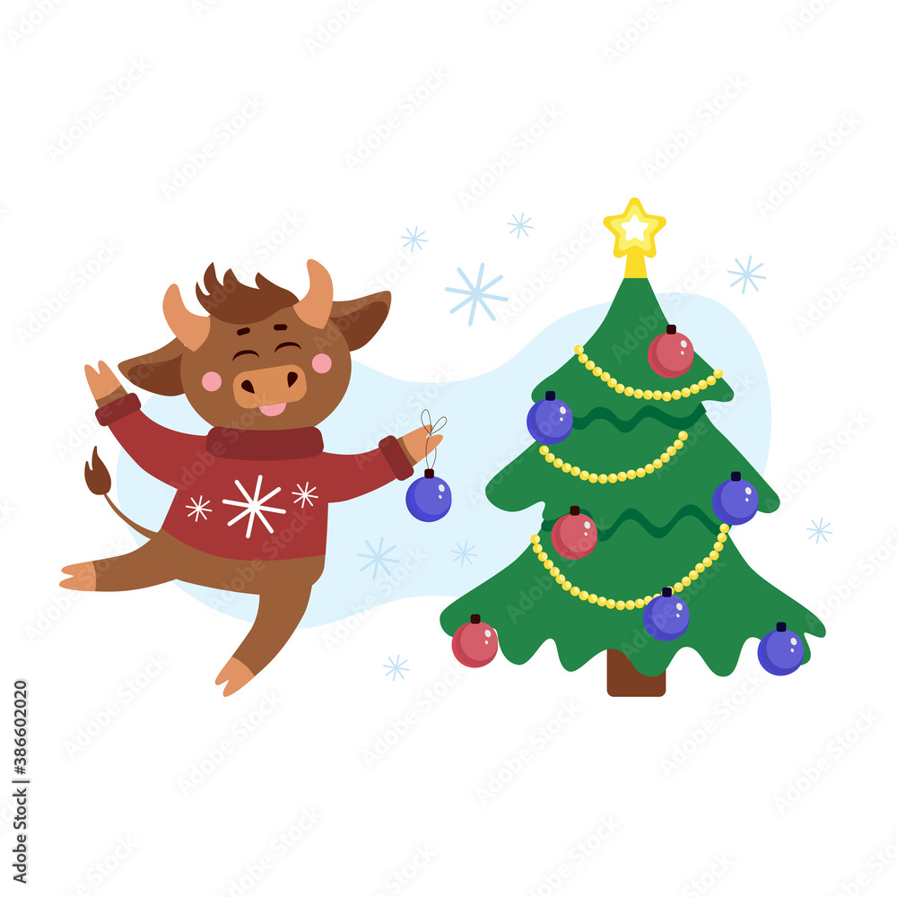 Vector christmas illustration of cow, ox or bull with christmas ball in ugly sweater around snow flakes decorating christmas tree. Year of bull 2021 concept. Christmas holidays, xmas illustration Vector christmas illustration of cow, ox or bull with christmas ball in ugly sweater around snow flakes decorating christmas tree. Year of bull 2021 concept. Christmas holidays, xmas illustration