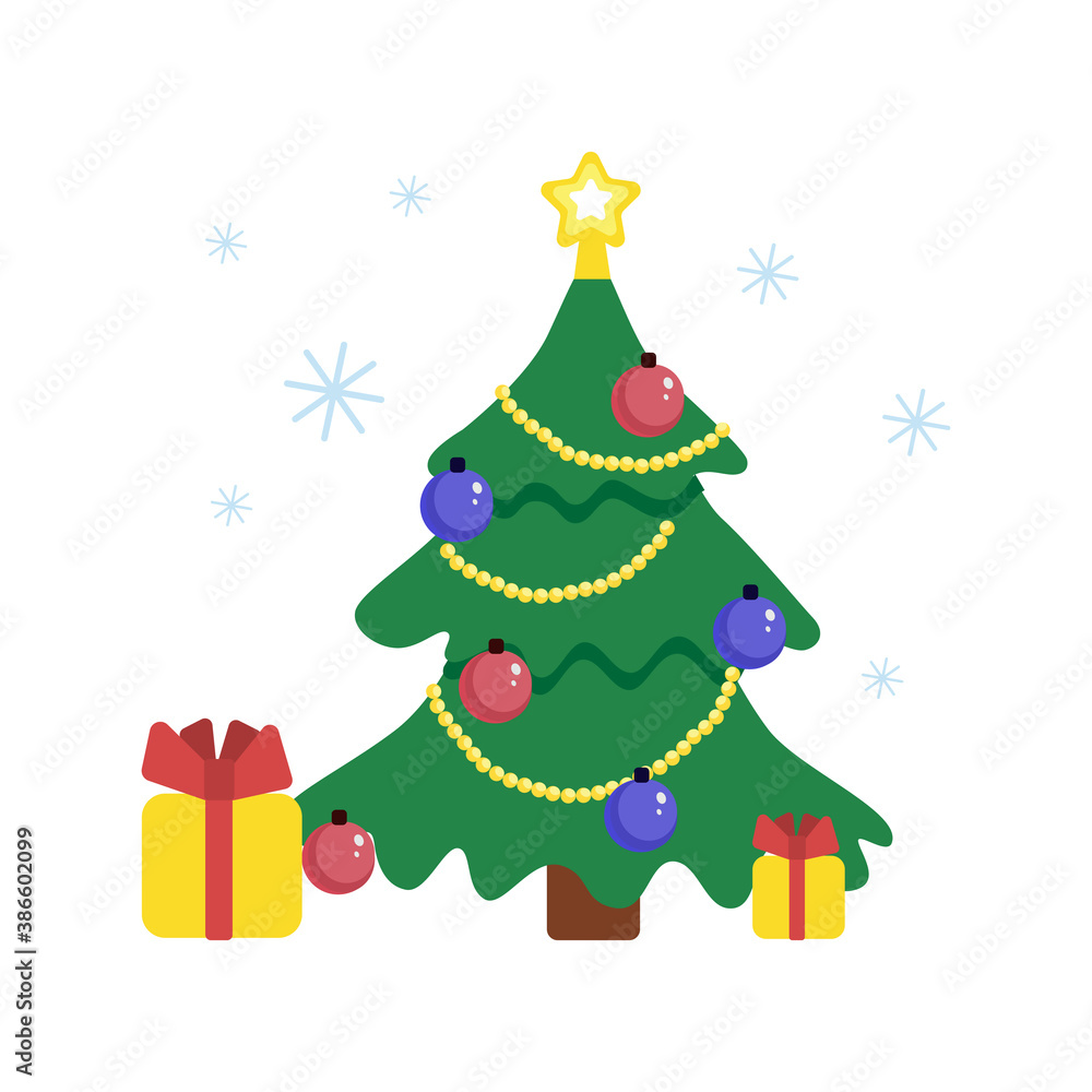 Naklejka premium Vector christmas illustration of christmas tree with present boxes and gifts around snow flakes. New Year 2021 concept. Christmas holidays, xmas illustration