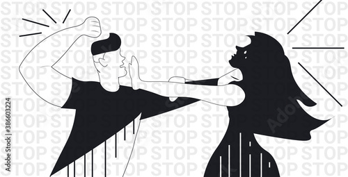 furious angry man raised punishment fist over scared terrified woman stop family violence and aggression concept horizontal portrait vector illustration