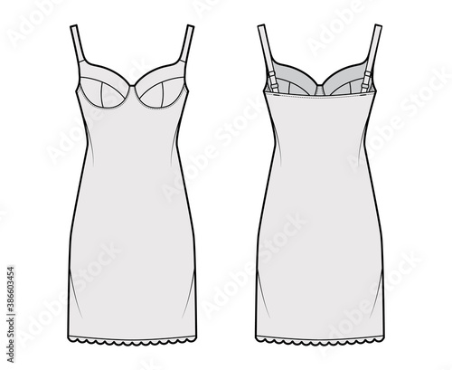 Bra slip lingerie dress technical fashion illustration with molded cup, adjustable straps, scalloped edge, thigh length. Flat template front, back grey color style. Women unisex underwear CAD mockup