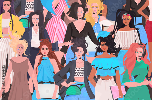 mix race women crowd standing together girls in casual clothes female cartoon characters portrait horizontal vector illustration