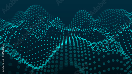 Abstract gradient dynamic wave of glowing particles. Network of neon dots. Big data. Digital background. Vector