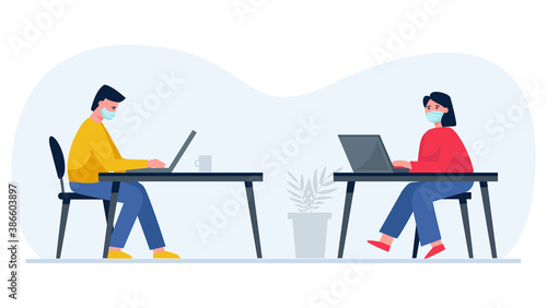Workers in medical masks, new rules for communication during the coronavirus epidemic. Social distance in the office.