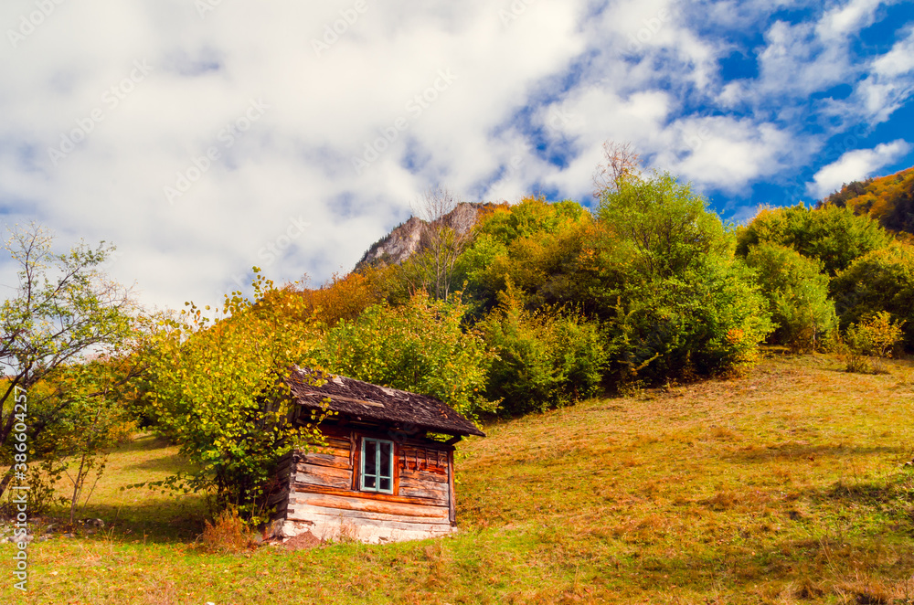 Fall landscape in the mountains. Mountain autumn scene with colorful trees in the forest. There are some houses and cottages in the meadow