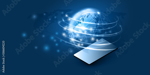 Abstract Blue Minimal Style Cloud Computing, Networks, Telecommunications Concept Design with Glowing Lines of Flowing Data, Earth Globe and Mobile Phone - Vector Illustration