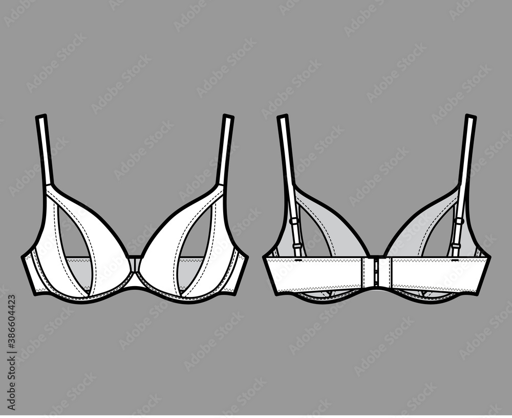 Peephole Bra lingerie technical fashion illustration with adjustable shoulder straps, Underwire, hook-and-eye closure. Flat template front back white color style. Women men unisex underwear CAD mockup Peephole Bra lingerie technical fashion illustration with adjustable shoulder straps, Underwire, hook-and-eye closure. Flat template front back white color style. Women men unisex underwear CAD mockup