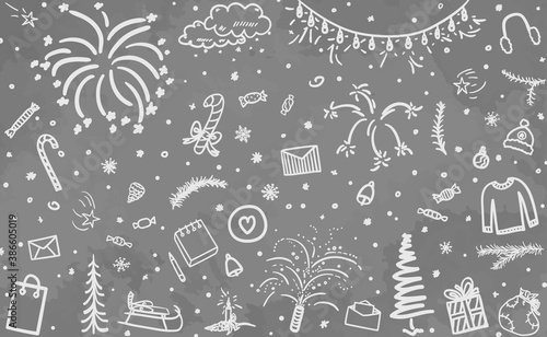 Fototapeta Naklejka Na Ścianę i Meble -  Hand drawn grunge christmas background. Abstract xmas elements. Black and white illustration
