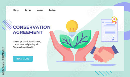 Conservation agreement hand hold green leaf bulb lamp hand shake leteer agreement campaign for web website home homepage landing page template banner with flat style photo