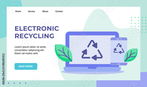 Electronic recycling green leaf recycle icon on display laptop smartphone screen campaign for web website home homepage landing page template banner with flat style photo