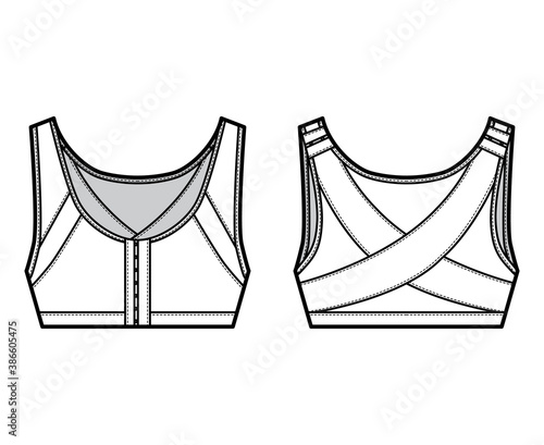 Bra posture lingerie technical fashion illustration with adjustable shoulder straps, hook-and-eye closure. Flat brassiere template front, back white color style. Women men unisex underwear CAD mockup