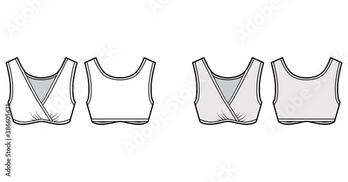 Sleep Bra lingerie technical fashion illustration with gathered surplice, wide shoulder straps. Flat sport brassiere template front, back white grey color style. Women men unisex underwear CAD mockup