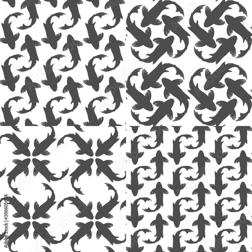 Set of black and white seamless patterns with koi carp fish. Vector backgrounds.