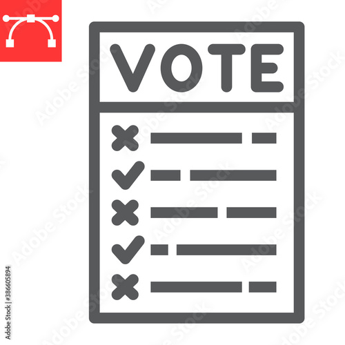 Ballot paper line icon, election and checklist, voting paper sign vector graphics, editable stroke linear icon, eps 10.