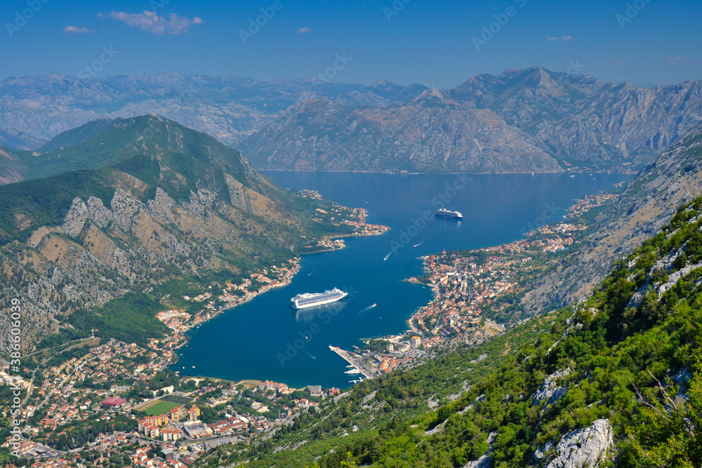 Panoramic view of Bay of Kotor (Boka Kotorska) - beautiful coastline of Montenegro