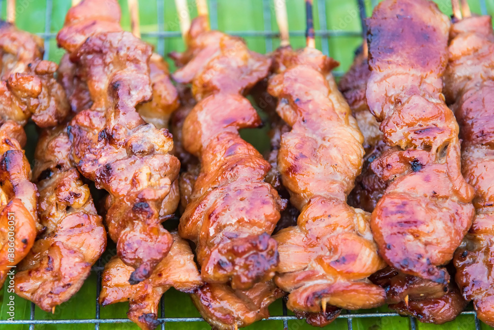 grilled pork with bamboo stick, Thailand market street food