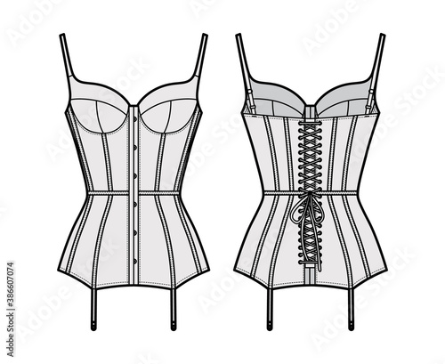 Corselette bustier Marry Widow lingerie technical fashion illustration with molded cup, back laced, garters. Flat brassiere template front, back grey color style. Women men unisex underwear CAD mockup