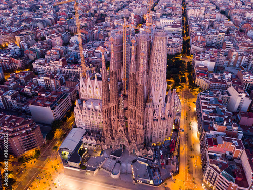Night aerial cityscape of Barcelona with Sagrada Familia designed by Anthony Gaudi