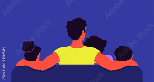 Family sitting on a sofa, watching TV. View from the back. Parents and kids watch television. A couple with two children spend time together. A vector cartoon illustration.