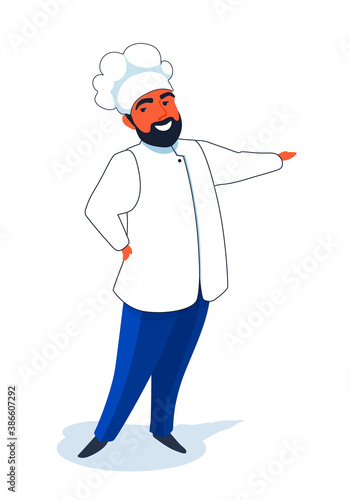 A cook chef in a uniform showings something by hand gesture, smiling. A bearded baker pointing to the side. A full-length cartoon character. A vector flat and contour illustration.