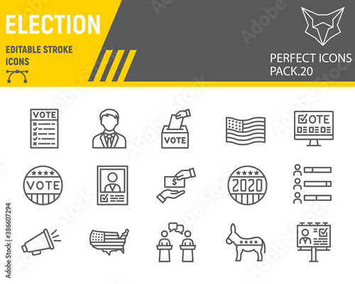 Voting and Election line icon set, vote collection, vector sketches, logo illustrations, Elections icons, Voting 2020 signs linear pictograms, editable stroke.